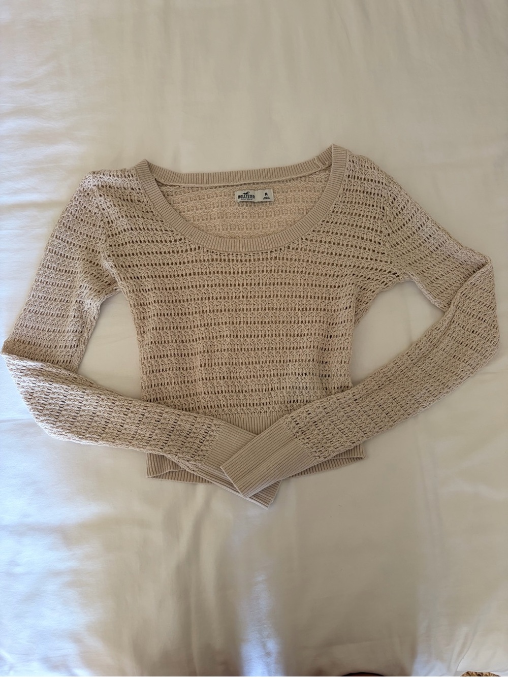 Hollister Women's Light Beige Open-Knit Crewneck Sweater